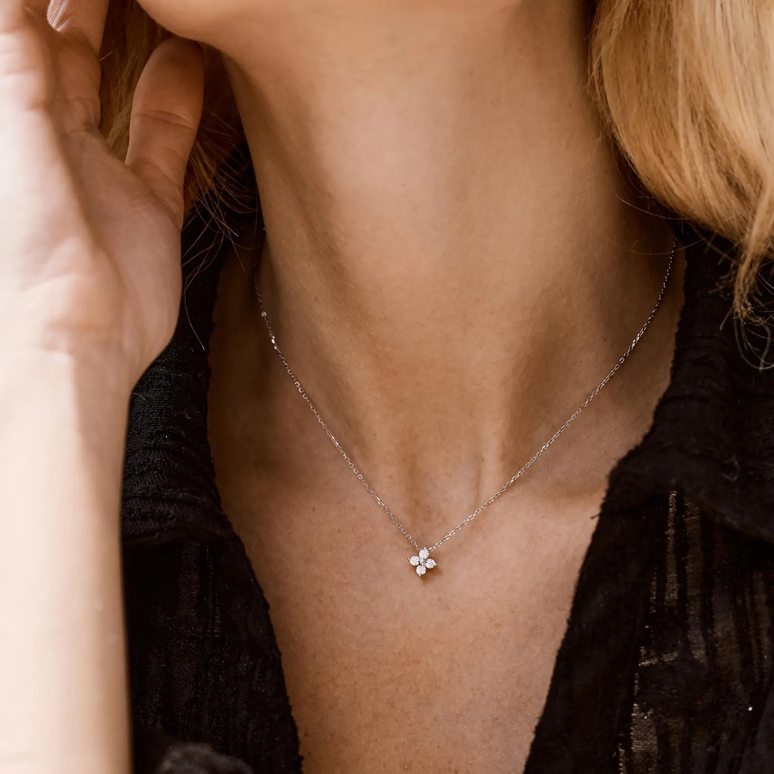 Dainty 925 Sterling Silver Pear Cut Lucky Four-Leaf Clover Pendant Necklace Gift for Her