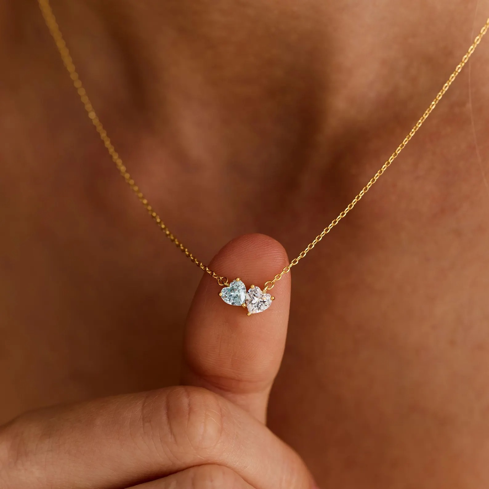 Dainty 925 Sterling Silver Heart Cut Two Heart Birthstone Necklace Gift for Her