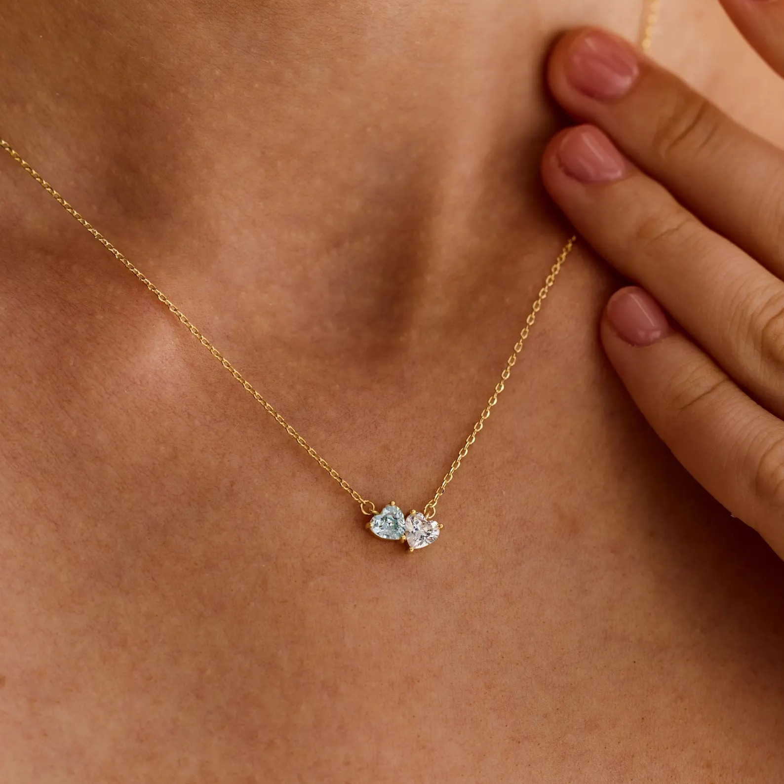 Dainty 925 Sterling Silver Heart Cut Two Heart Birthstone Necklace Gift for Her