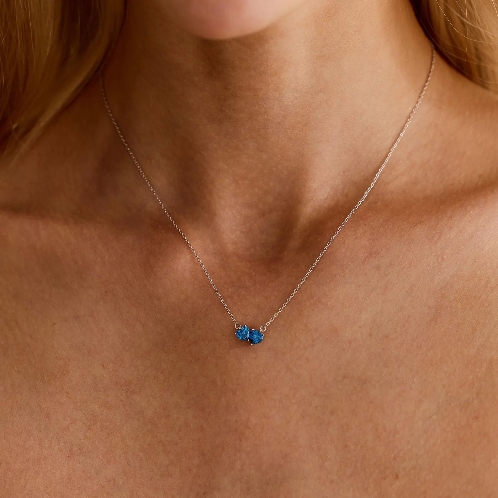 Dainty 925 Sterling Silver Heart Cut Two Heart Birthstone Necklace Gift for Her