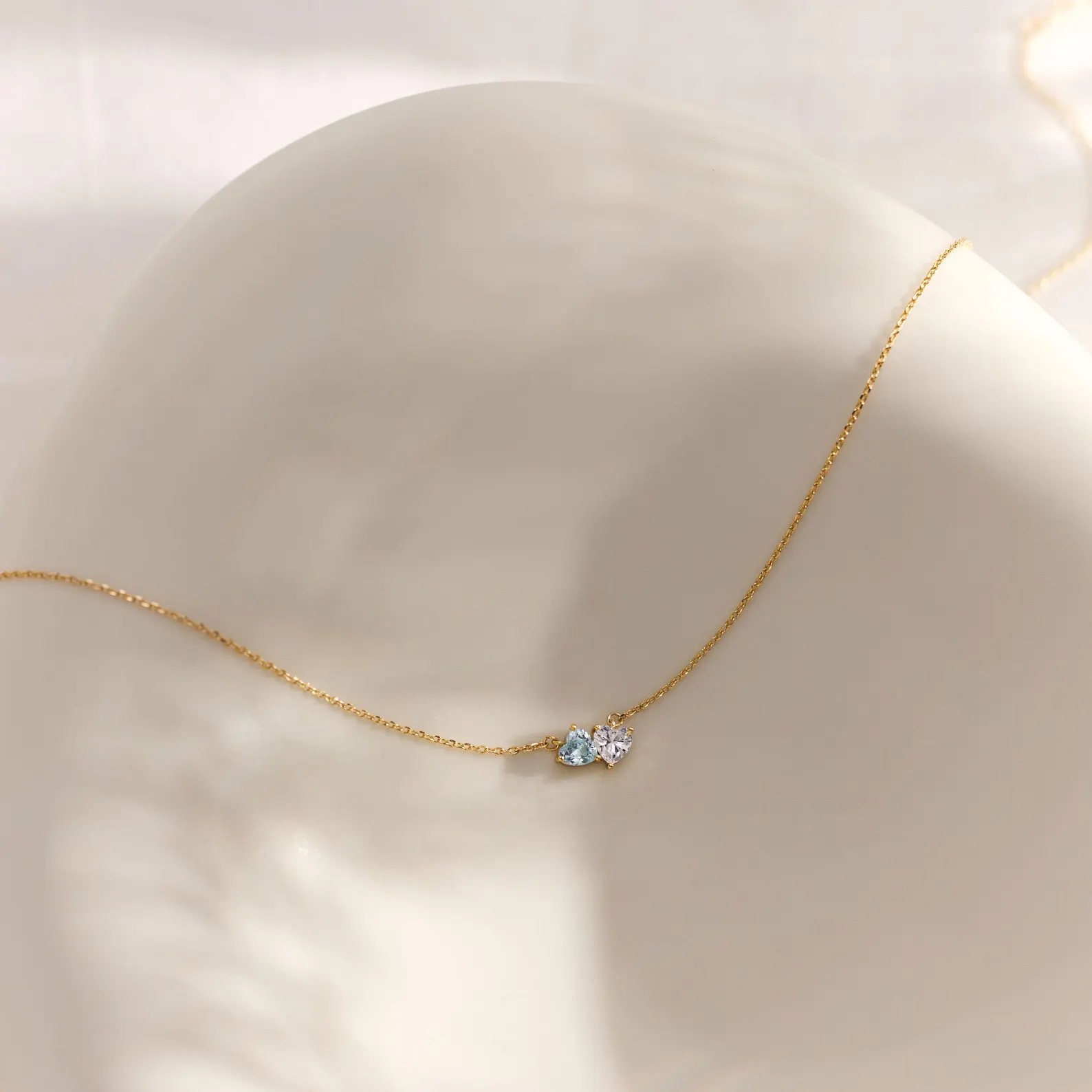 Dainty 925 Sterling Silver Heart Cut Two Heart Birthstone Necklace Gift for Her