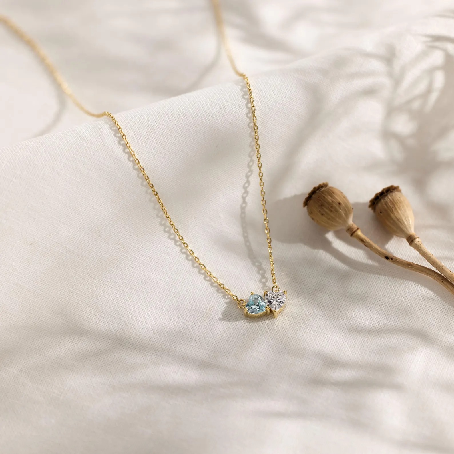 Dainty 925 Sterling Silver Heart Cut Two Heart Birthstone Necklace Gift for Her