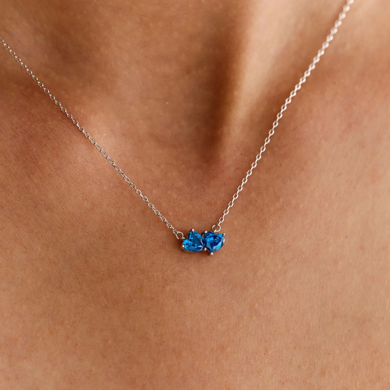Dainty 925 Sterling Silver Heart Cut Two Heart Birthstone Necklace Gift for Her