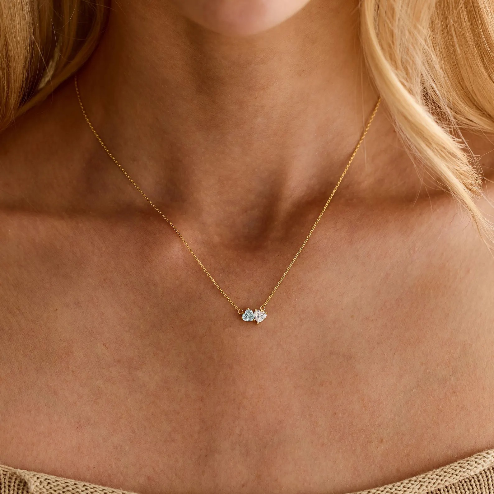 Dainty 925 Sterling Silver Heart Cut Two Heart Birthstone Necklace Gift for Her