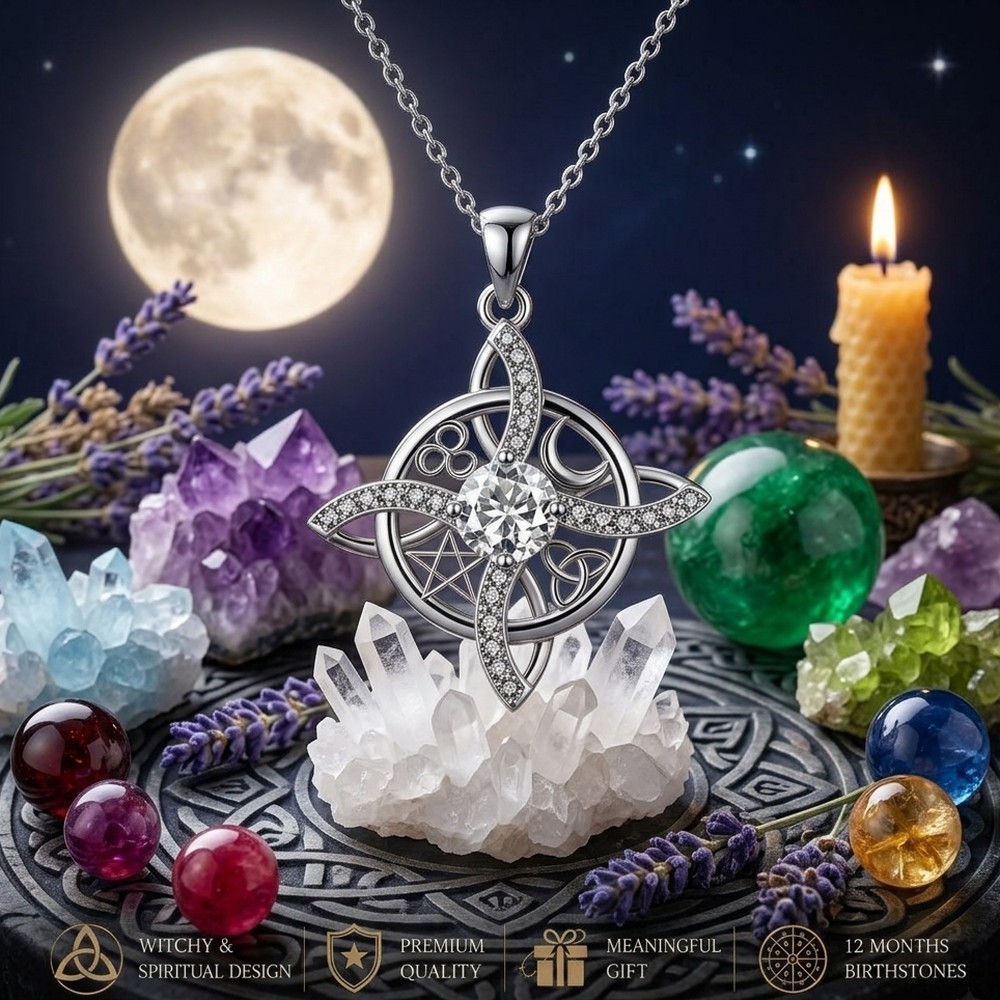 Mystical Pentacle Birthstone 925 Sterling Silver Celtic Witch Knot Amulet Pendant Necklace
