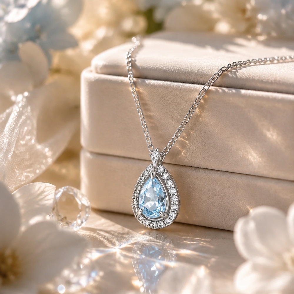 Pear Cut Aquamarine Blue 925 Sterling Silver Ocean Eye Pendant Necklace Gift for Her