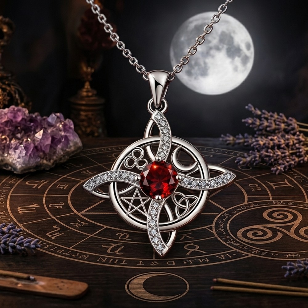 Mystical Pentacle Birthstone 925 Sterling Silver Celtic Witch Knot Amulet Pendant Necklace