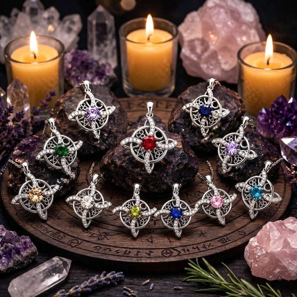Mystical Pentacle Birthstone 925 Sterling Silver Celtic Witch Knot Amulet Pendant Necklace