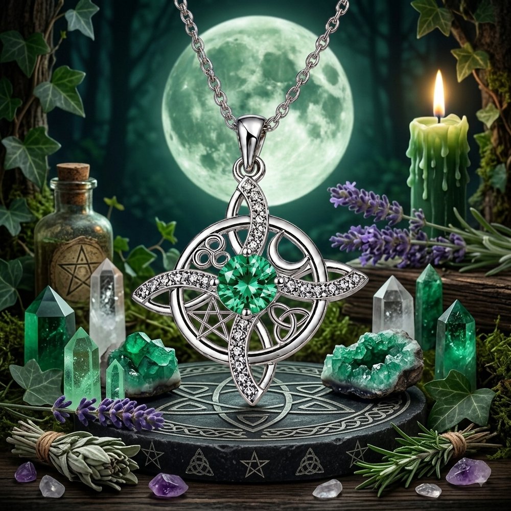 Mystical Pentacle Birthstone 925 Sterling Silver Celtic Witch Knot Amulet Pendant Necklace