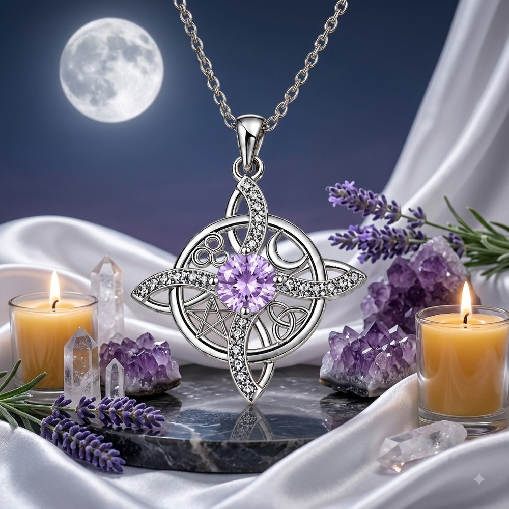 Mystical Pentacle Birthstone 925 Sterling Silver Celtic Witch Knot Amulet Pendant Necklace