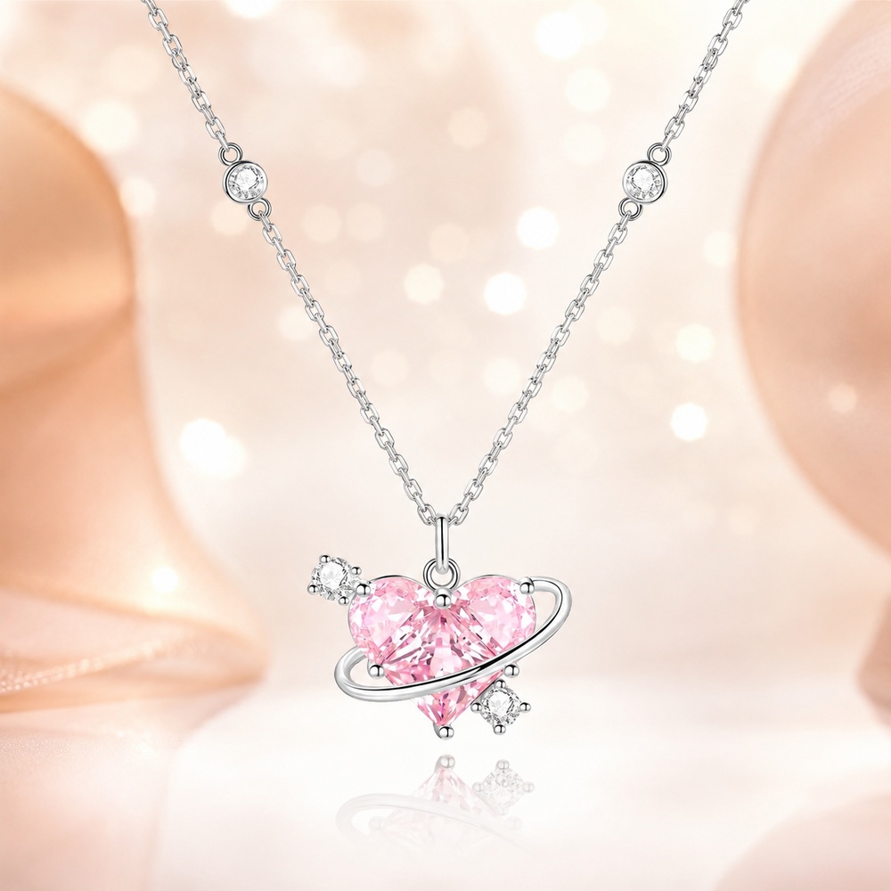 Romantic Heart Cut Fancy Pink 925 Sterling Silver Planet Pendant Necklace
