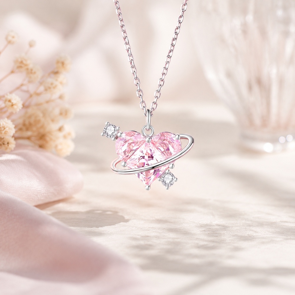 Romantic Heart Cut Fancy Pink 925 Sterling Silver Planet Pendant Necklace