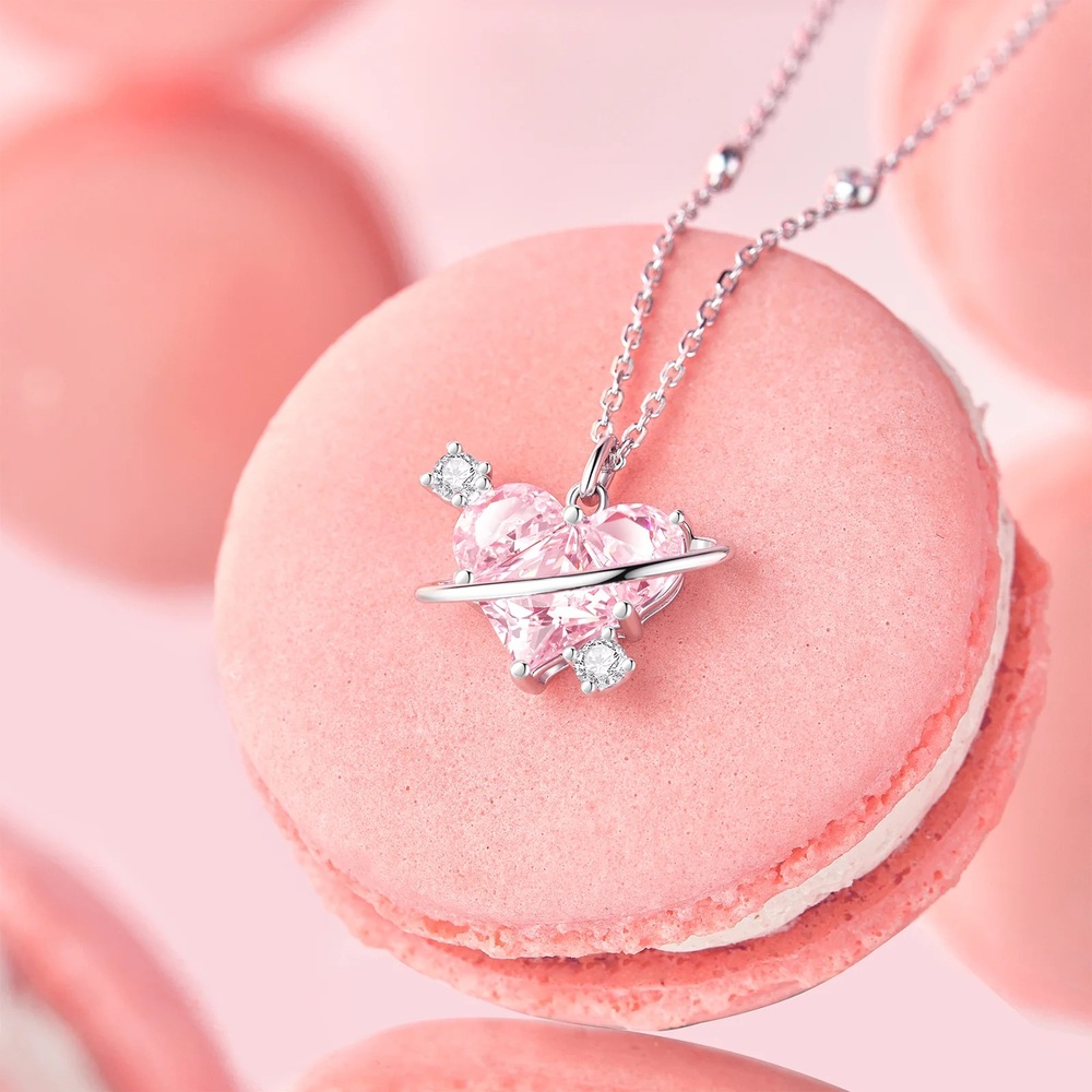Romantic Heart Cut Fancy Pink 925 Sterling Silver Planet Pendant Necklace