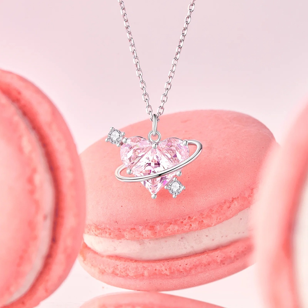 Romantic Heart Cut Fancy Pink 925 Sterling Silver Planet Pendant Necklace