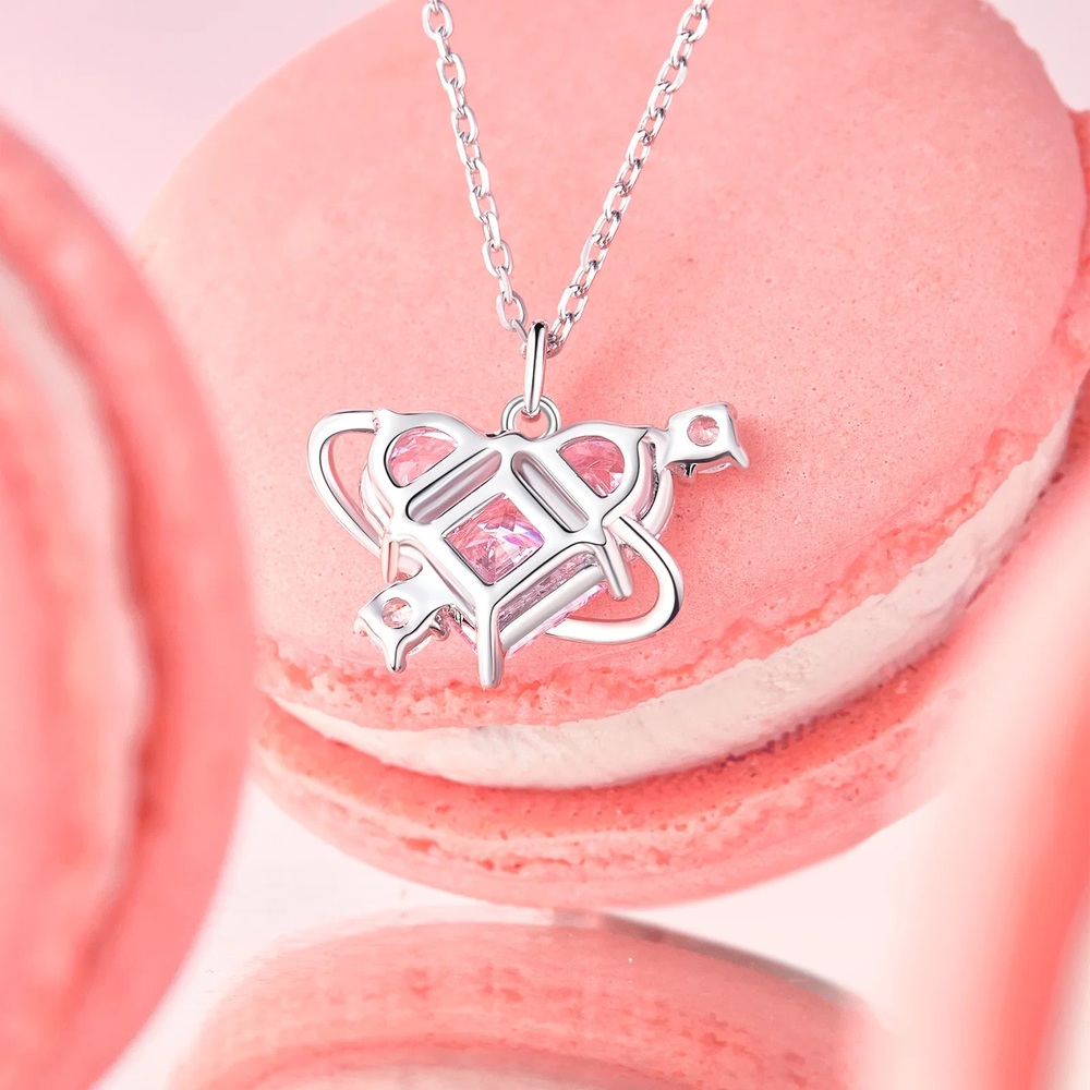 Romantic Heart Cut Fancy Pink 925 Sterling Silver Planet Pendant Necklace