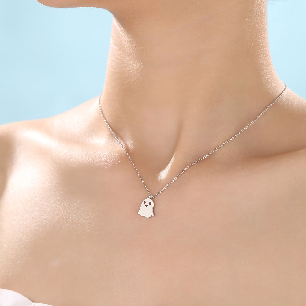 Cute Little Ghost Pendant Sterling Silver Dainty Halloween Chain Necklace