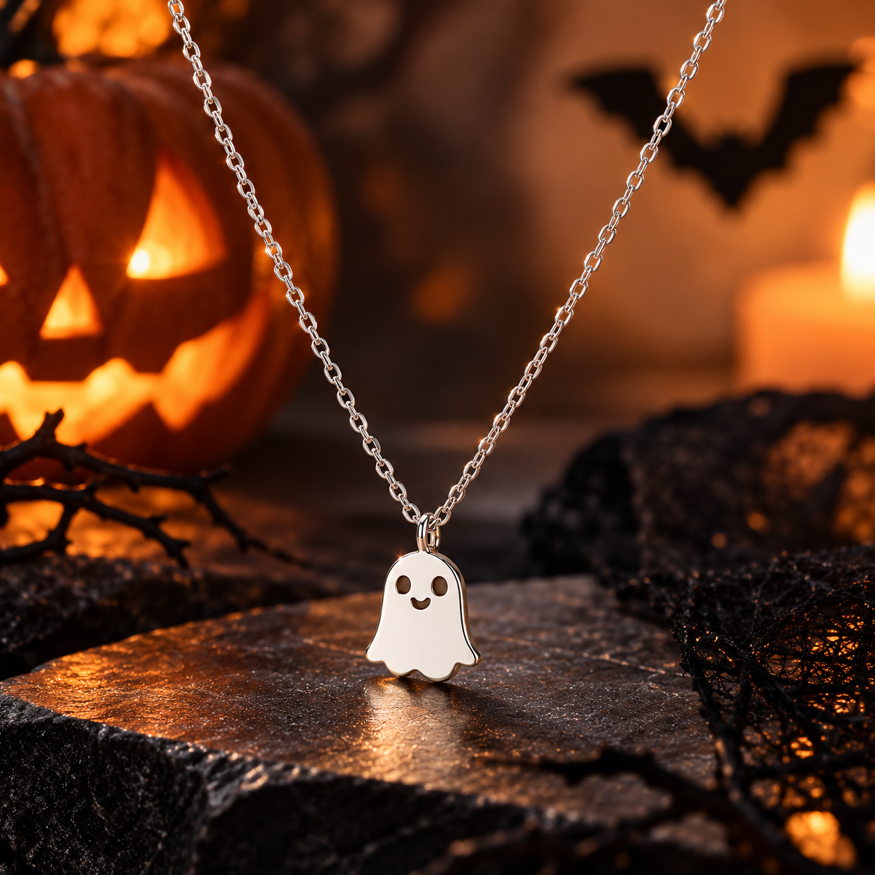 Cute Little Ghost Pendant Sterling Silver Dainty Halloween Chain Necklace