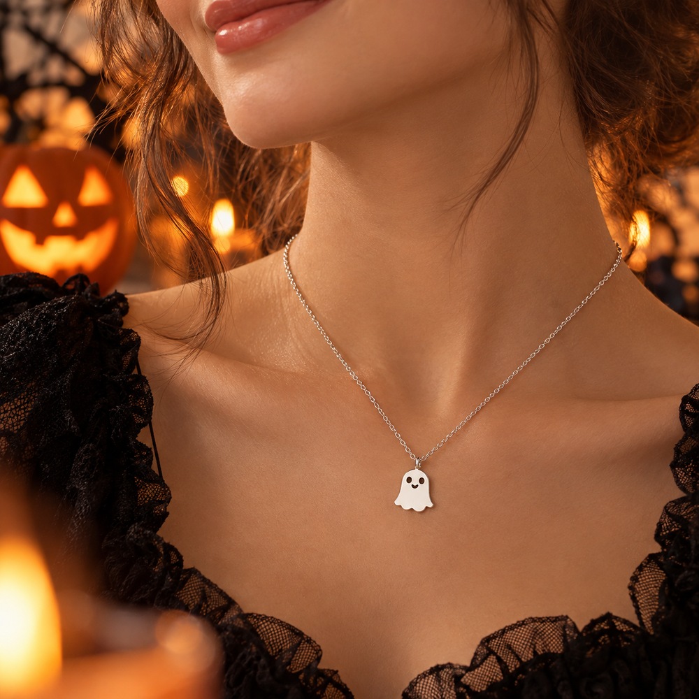 Cute Little Ghost Pendant Sterling Silver Dainty Halloween Chain Necklace
