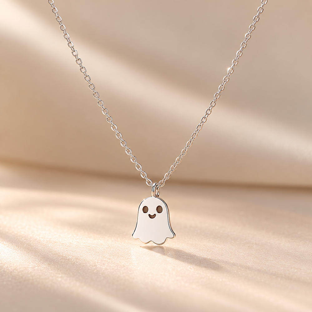 Cute Little Ghost Pendant Sterling Silver Dainty Halloween Chain Necklace