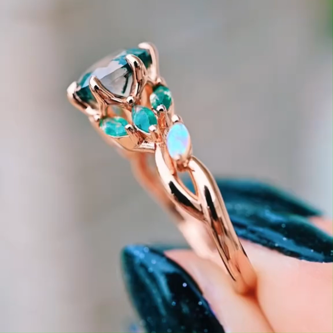 Round Cut Green Moss Agate Nature Inspired Sterling Rose Gold Engagement Ring