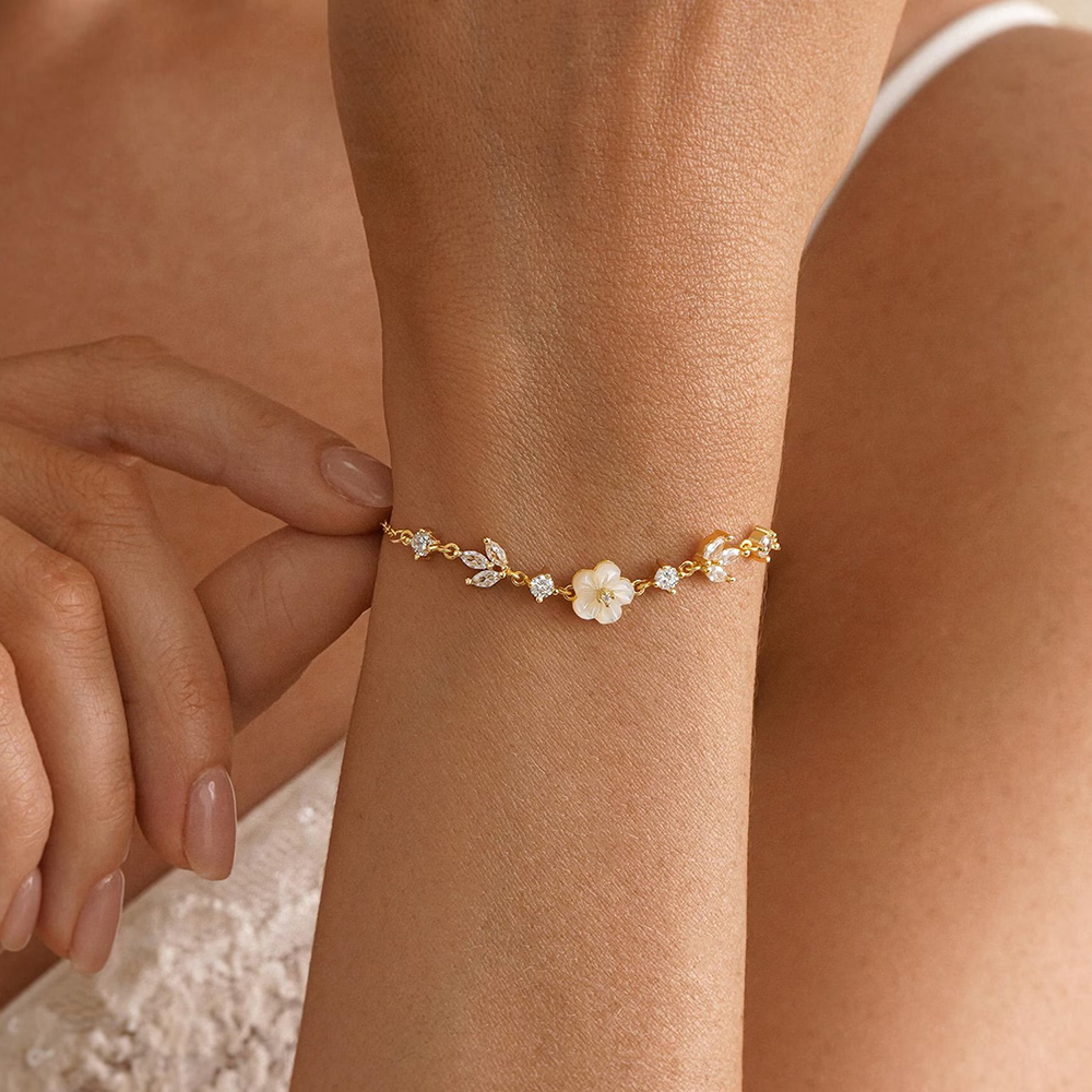 Minimalist Floral Jewelry 925 Sterling Silver Pearl Bracelet for Women