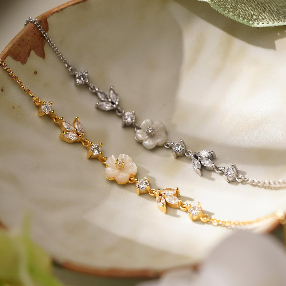 Minimalist Floral Jewelry 925 Sterling Silver Pearl Bracelet for Women