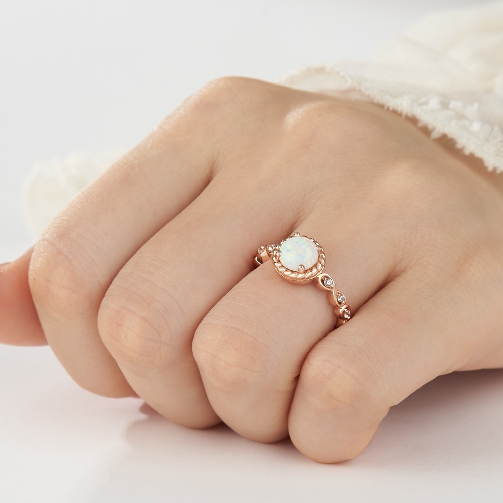Round Cut Opal Rose Gold Sterling Silver Vintage Twisted Engagement Ring