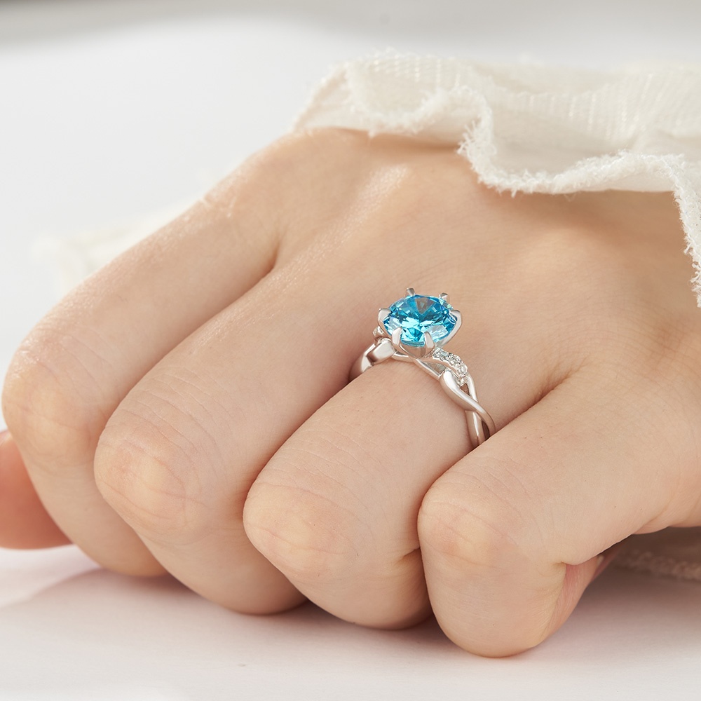 Round Cut Aquamarine Blue Sterling Silver Intertwined Twisted Engagement Ring