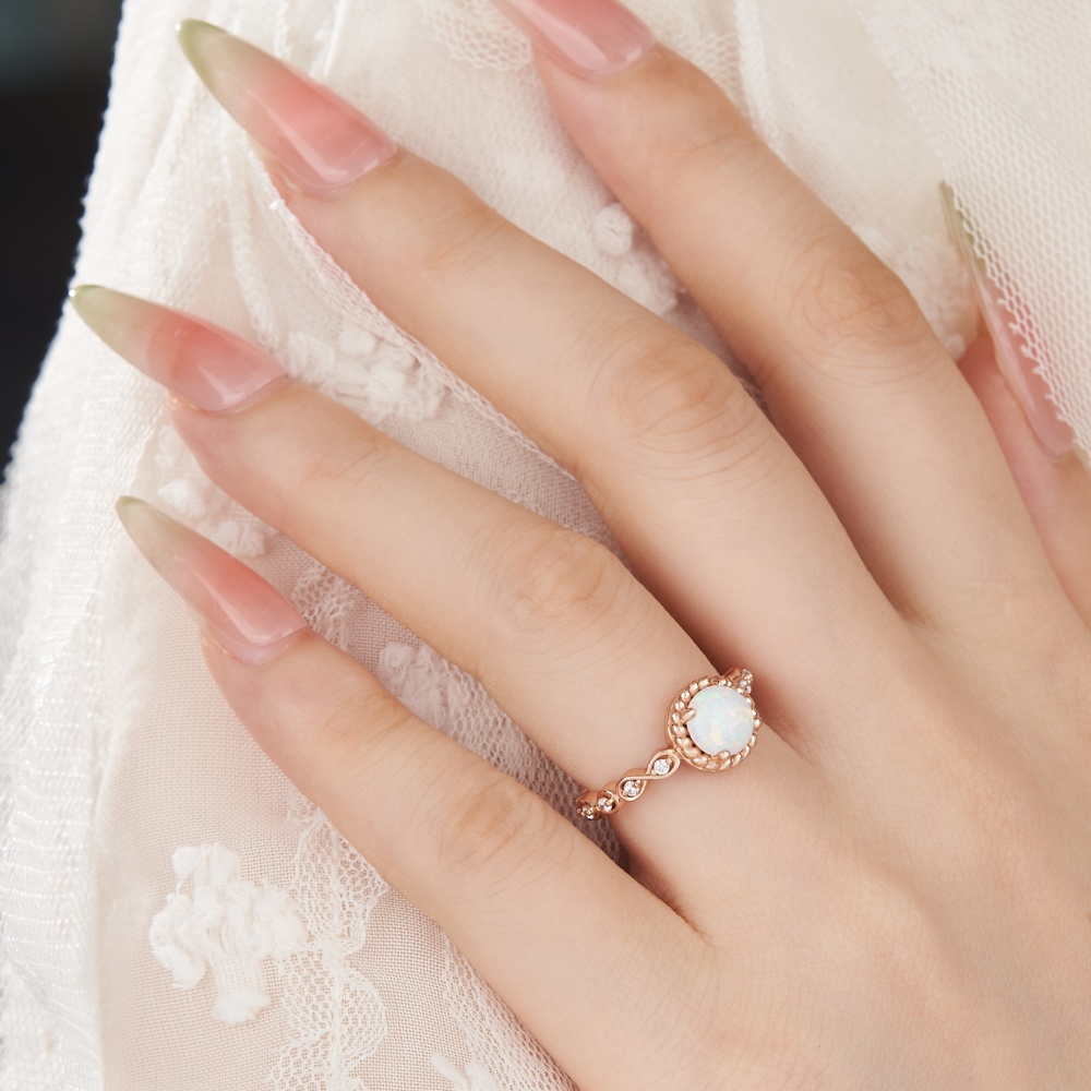 Round Cut Opal Rose Gold Sterling Silver Vintage Twisted Engagement Ring