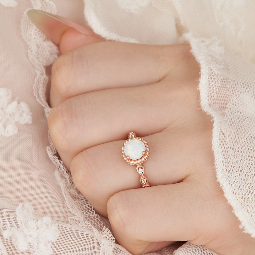 Round Cut Opal Rose Gold Sterling Silver Vintage Twisted Engagement Ring