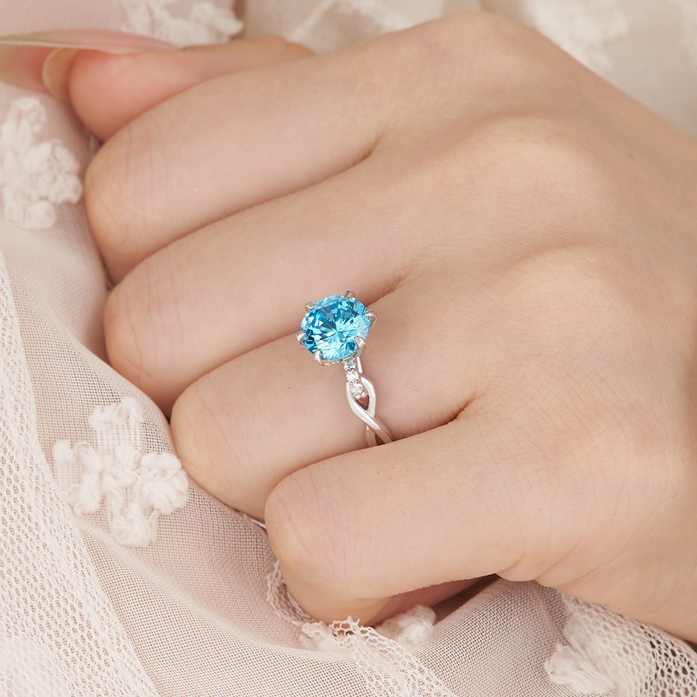 Round Cut Aquamarine Blue Sterling Silver Intertwined Twisted Engagement Ring