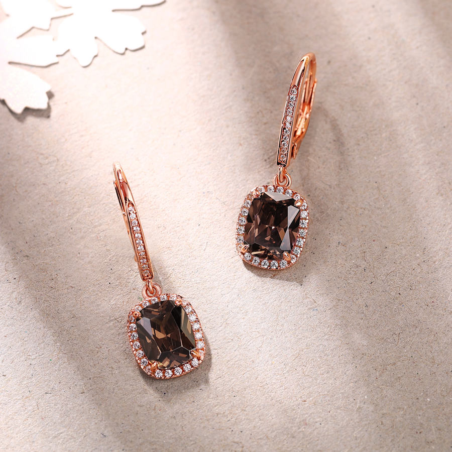 Cushion Cut Chocolate 925 Sterling Silver Rose Gold Halo Drop Earrings
