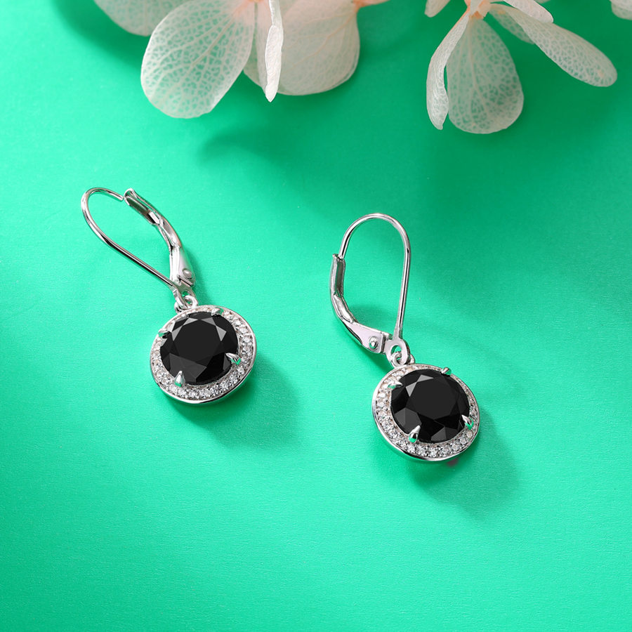 Round Cut Black and White Sapphire 925 Sterling Silver Halo Drop Earrings