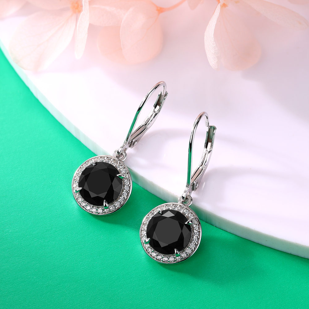 Round Cut Black and White Sapphire 925 Sterling Silver Halo Drop Earrings