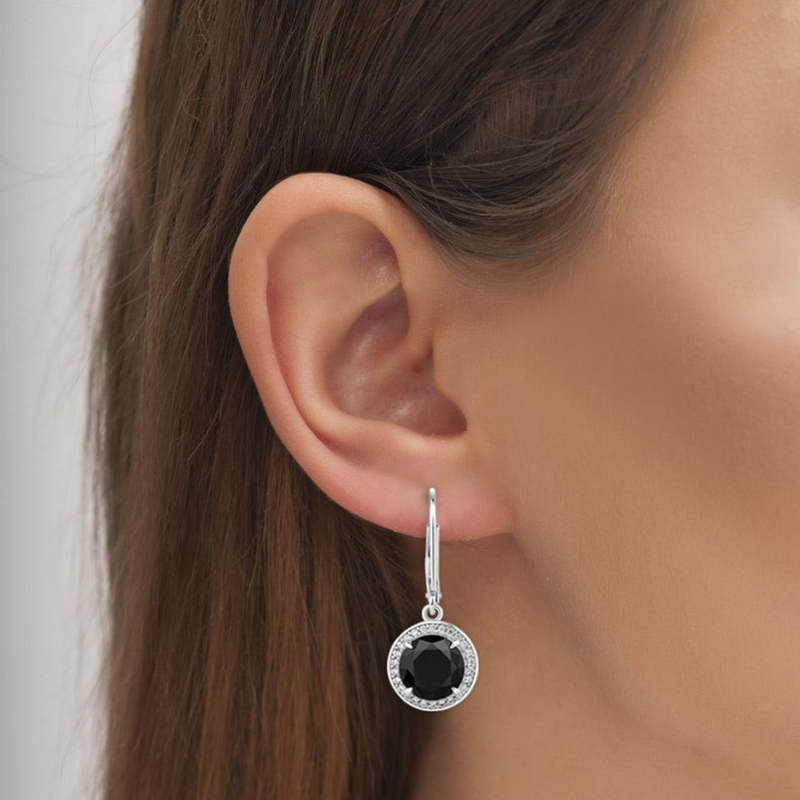 Round Cut Black and White Sapphire 925 Sterling Silver Halo Drop Earrings