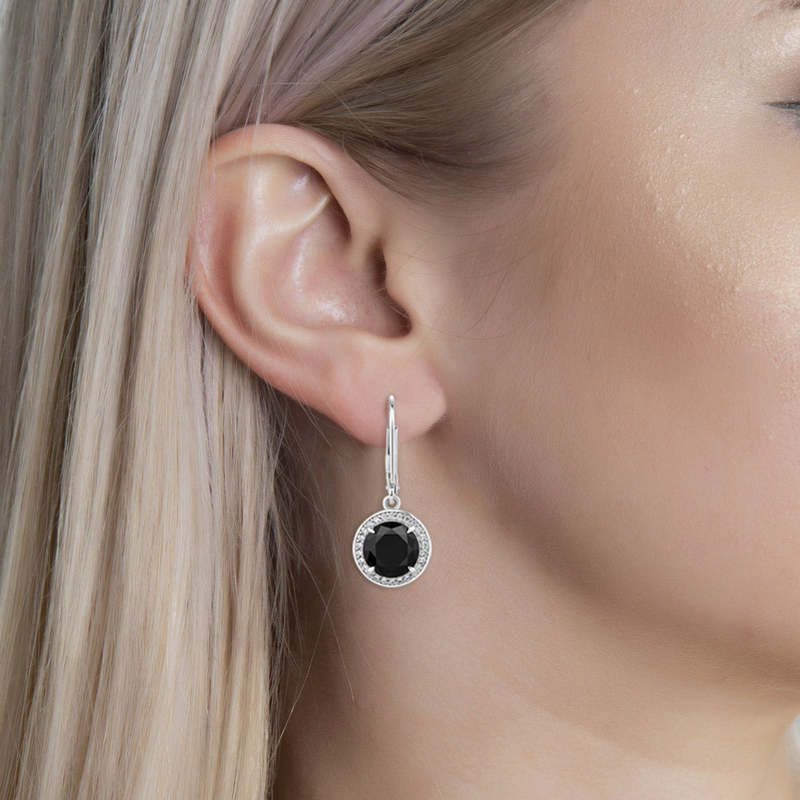 Round Cut Black and White Sapphire 925 Sterling Silver Halo Drop Earrings