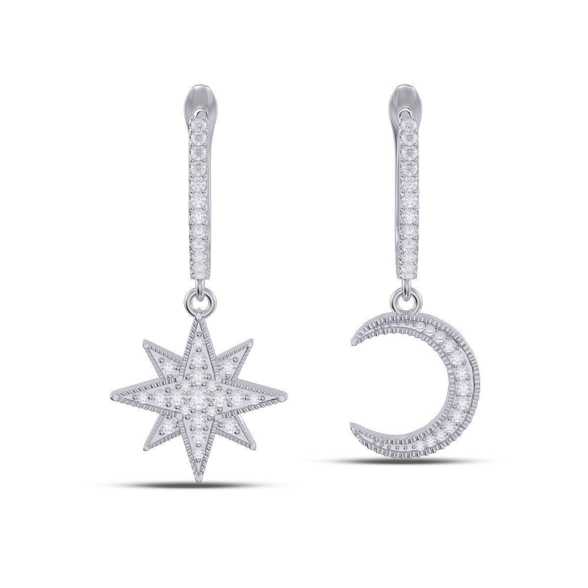 Round Cut Diamond White Sterling Silver Moon and Star Drop Earrings