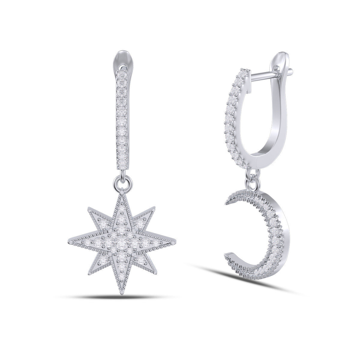 Round Cut Diamond White Sterling Silver Moon and Star Drop Earrings