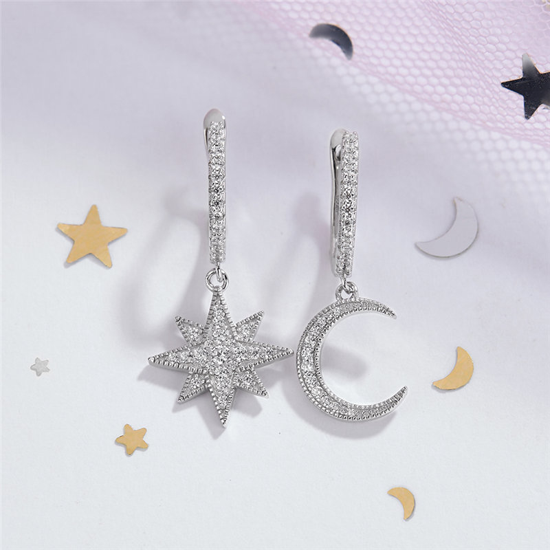 Round Cut Diamond White Sterling Silver Moon and Star Drop Earrings