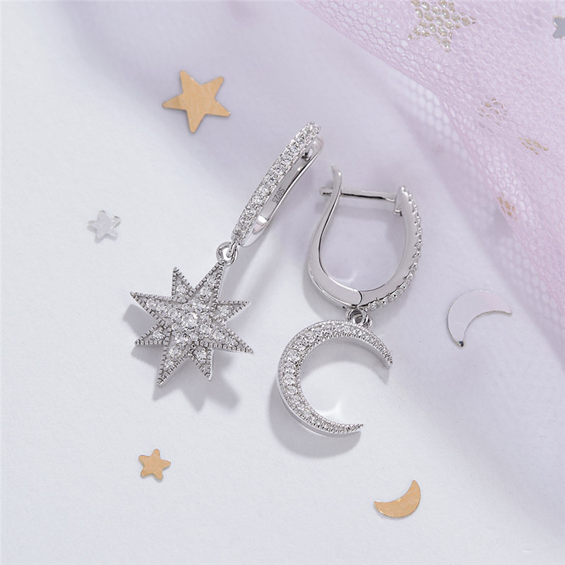 Round Cut Diamond White Sterling Silver Moon and Star Drop Earrings