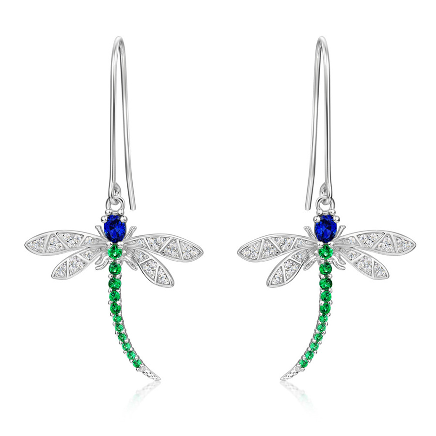 Sapphire Blue & Emerald 925 Sterling Silver Dragonfly Drop Earrings