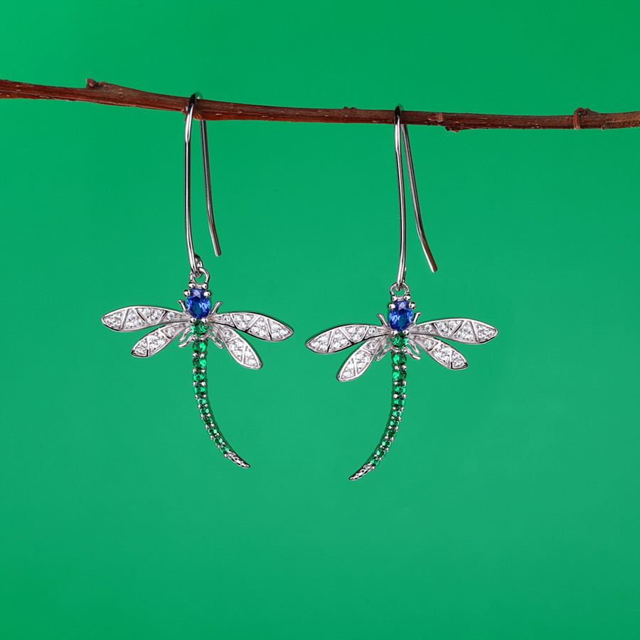 Sapphire Blue & Emerald 925 Sterling Silver Dragonfly Drop Earrings