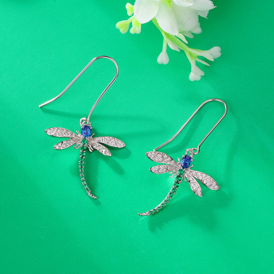 Sapphire Blue & Emerald 925 Sterling Silver Dragonfly Drop Earrings