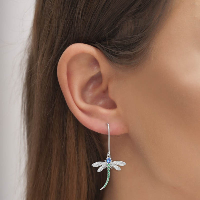 Sapphire Blue & Emerald 925 Sterling Silver Dragonfly Drop Earrings