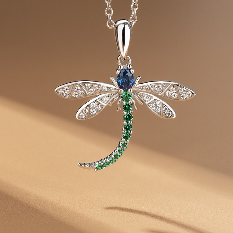 Dainty Blue Sapphire and Emerald 925 Sterling Silver Dragonfly Necklace
