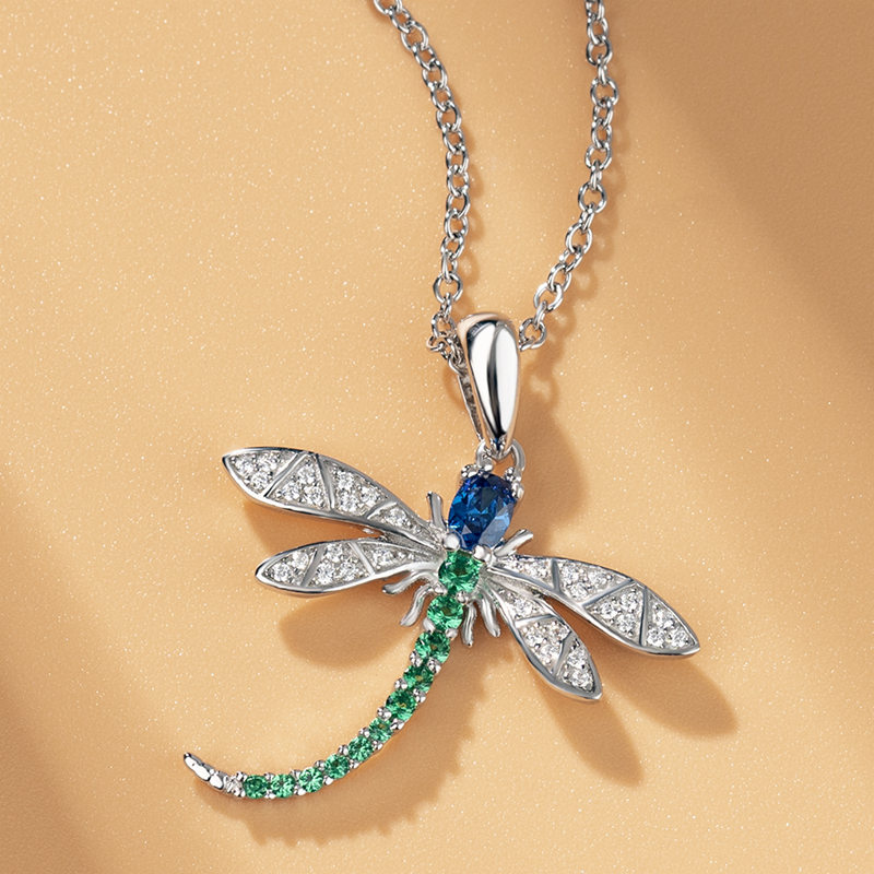 Dainty Blue Sapphire and Emerald 925 Sterling Silver Dragonfly Necklace