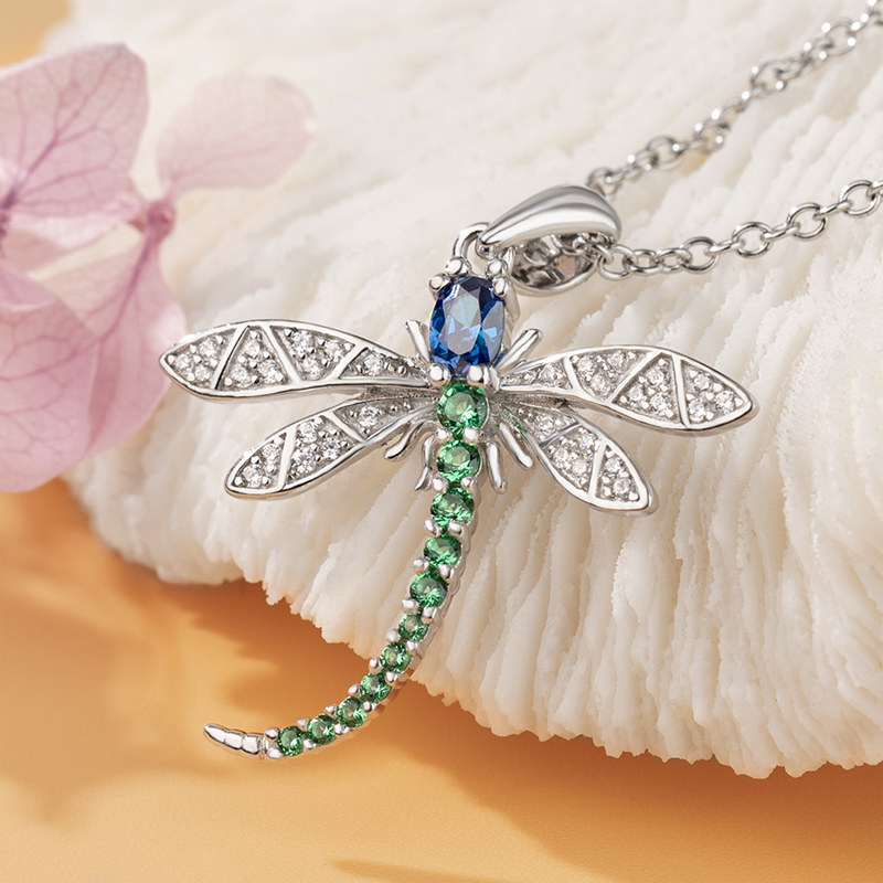Dainty Blue Sapphire and Emerald 925 Sterling Silver Dragonfly Necklace