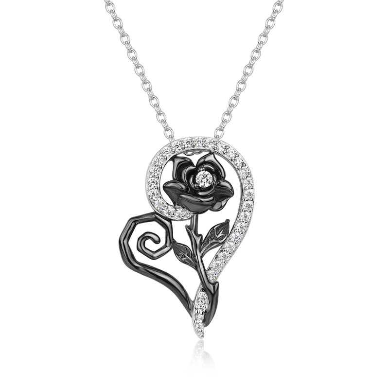 Heart Shape Round Cut Diamond White 925 Sterling Silver Black Rose Necklace