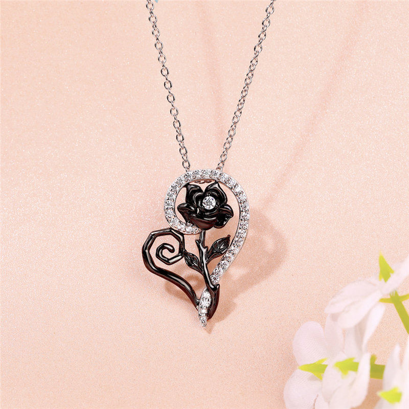 Heart Shape Round Cut Diamond White 925 Sterling Silver Black Rose Necklace