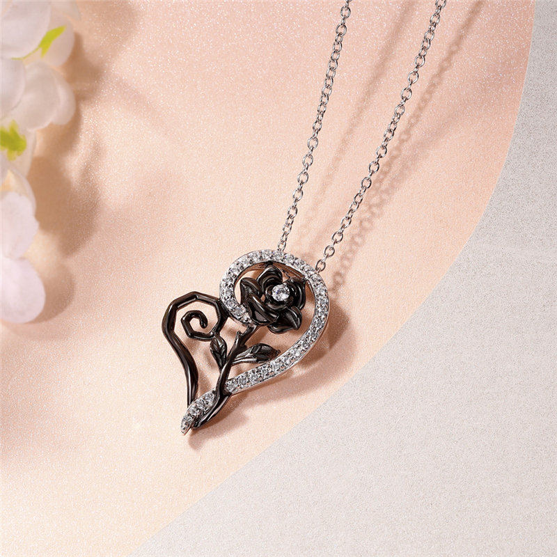 Heart Shape Round Cut Diamond White 925 Sterling Silver Black Rose Necklace
